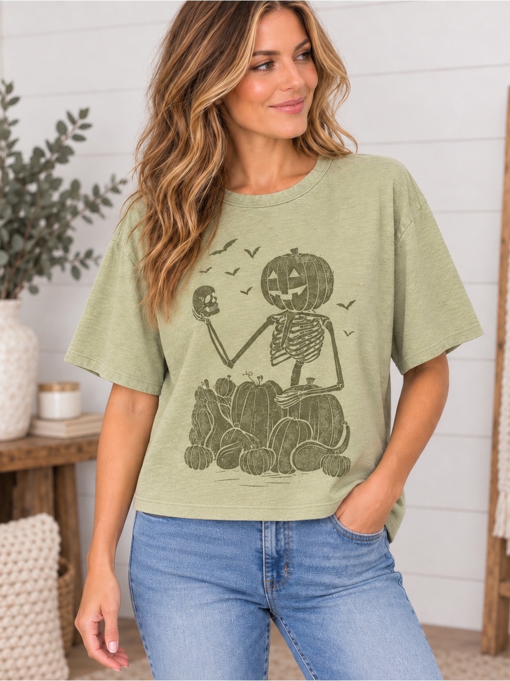 American Eagle Halloween Pumpkin Skeleton Graphic Tee Sage Green 100% Cotton